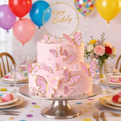 Butterfly Cake Toppers Set - 10 Pink Decorations with Gold Happy Birthday Topper