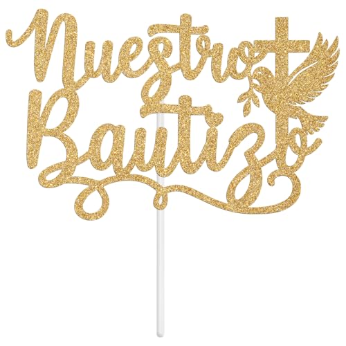 Nuestro Bautizo Cake Topper - Gold Glitter Cross & Dove