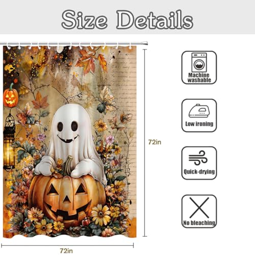 Yellow Halloween Shower Curtain with Ghost & Pumpkin - 72x72 Inch Waterproof Fabric Set
