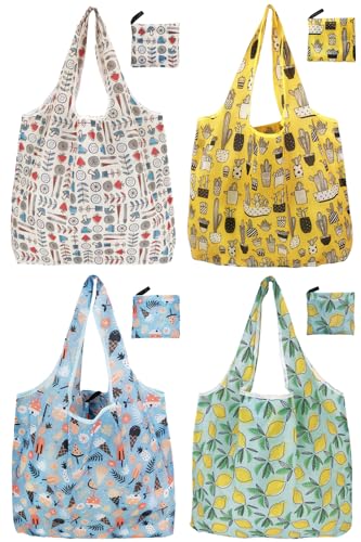 Noilk Reusable Foldable Shopping Bags - Summer 4 Pack, Heavy Duty Totes