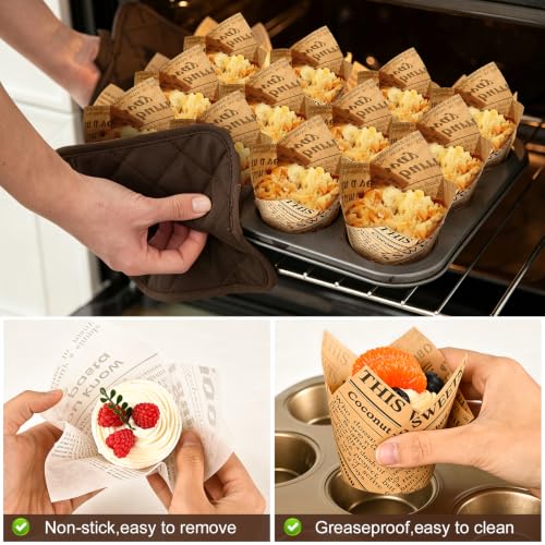 200pcs Newspaper Tulip Cupcake Liners for Baking - Elegant Muffin Wrappers