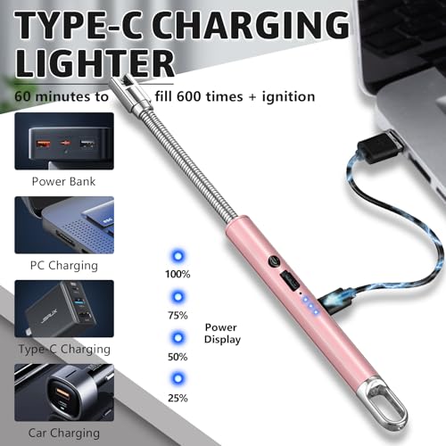 2 PCS Electric Lighter, Candle Lighter Arc Windproof Flame-Less with 360¡Æ Flexible Neck & LED Power Display, Type-C Rechargeable for BBQ, Grill, Camping, Fireplace, Stove