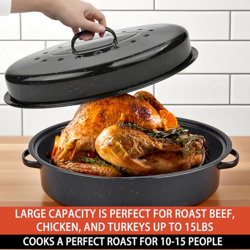 18 Inch Turkey Roasting Pan with Nonstick Rack and Lid - Large Oven Roast Pan