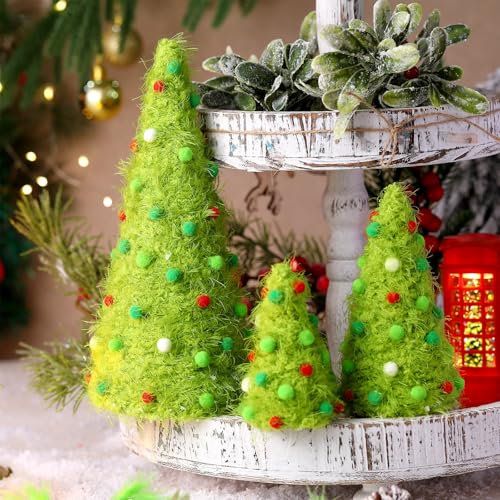 Furry Christmas Tree Decorations Set - Green, Multiple Sizes, 3 Pcs