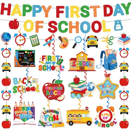 First Day of School Decorations Set | 17pcs Glitter Banner & Swirls
