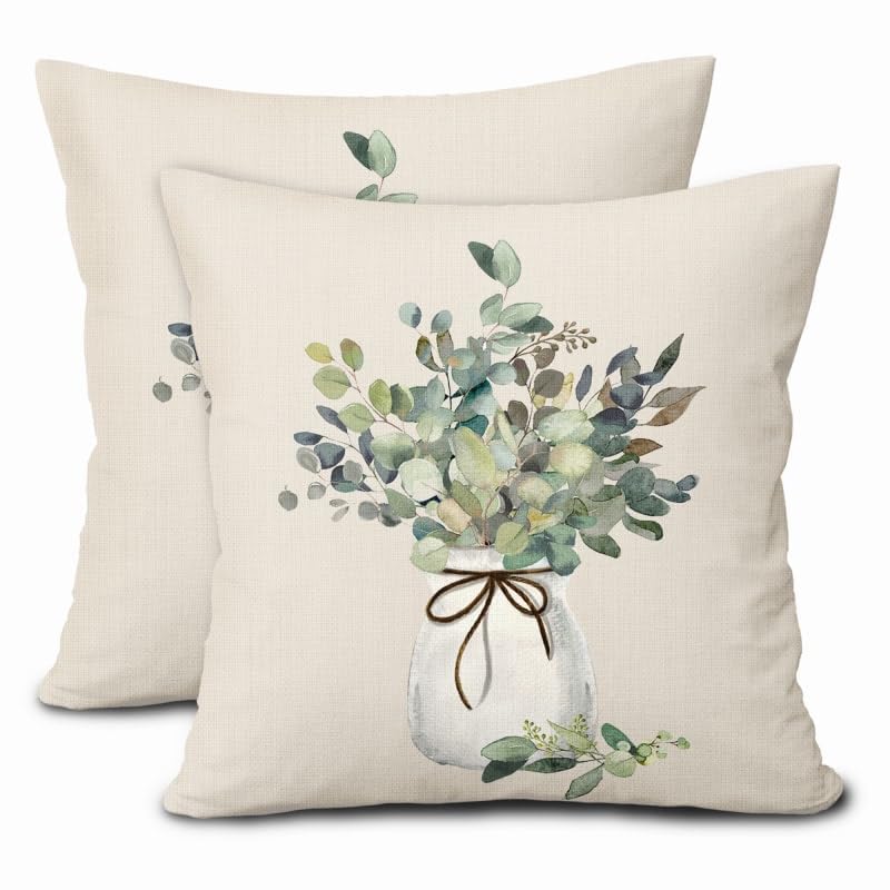 Eucalyptus Leaf Pillow Covers Set of 2 | 16x16 Inch Sage Green