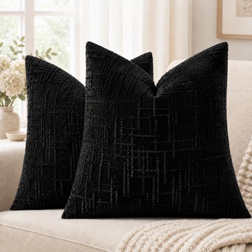 HOSHEN HOME Black Chenille Throw Pillow Covers 18x18 Inch Set of 2