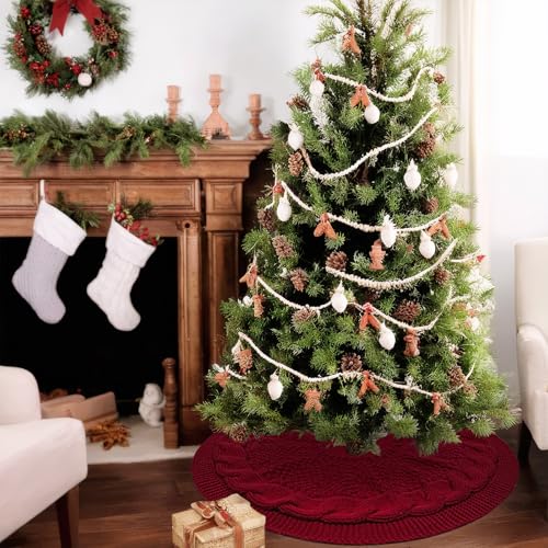 48 Inch Red Knitted Christmas Tree Skirt for 7 Ft Tree - Rustic Holiday Decor