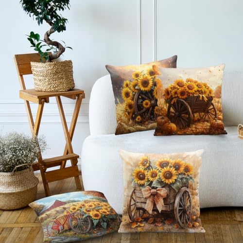Sunflower Throw Pillow Covers 18x18 (Set of 4) - Double-Sided Design