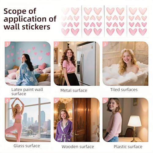 60 Pcs Pink Heart Wall Decals - Repositionable PVC Stickers for Girls' Rooms