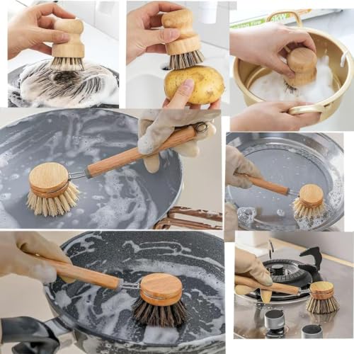 Eco-Friendly Bamboo Dish Brush Set - 1 Long Handle & 2 Palm Scrubbers, Plastic-Free Kitchen Cleaning