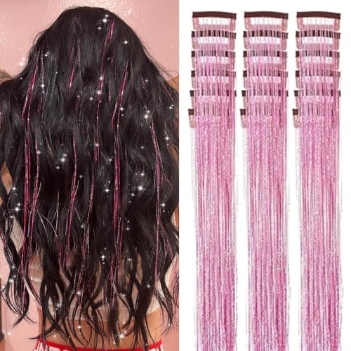 ShowJarlly Pink Hair Tinsel Clip In Extensions 18 Pcs Kit