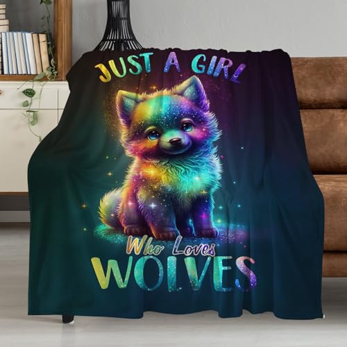 Cute Wolf Throw Blanket for Girls - Rainbow Starry Design, 50"x40"