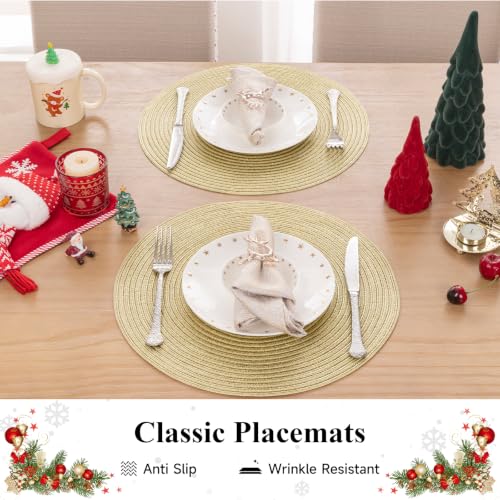 Set of 8 Gold Round Braided Placemats - 15 Inch Washable Table Mats for Dining & Holiday