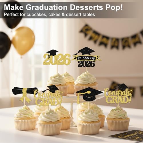 2026 Graduation Cupcake Toppers - Black & Gold Glitter Set of 24