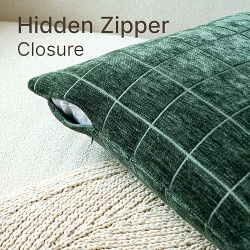 Decorative Chenille Plaid Throw Pillow Cover Moss Green 20x20 Set of 2 - Hidden Zipper