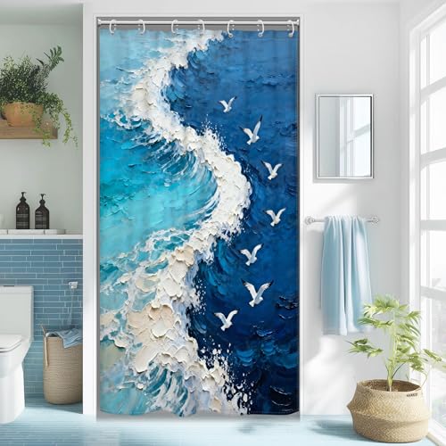 Waterproof Blue Teal Beach Wave Shower Curtain Set - 36" x 72"
