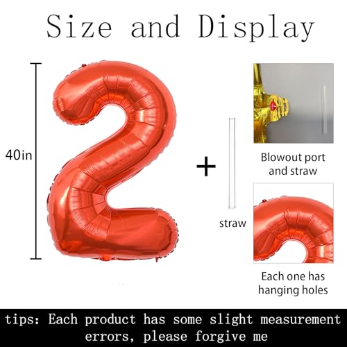 40 Inch Red Number 2 Foil Balloon for Birthday & Party Decor