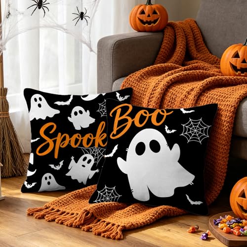 Halloween Pillow Covers Set of 2 | 18x18 Inch Ghost Decor