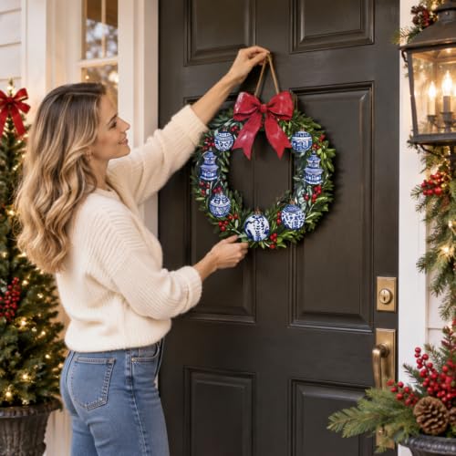 Chinoiserie Bead Christmas Wreath Door Hanger - Blue & White Wooden Sign - 11.8 Inches