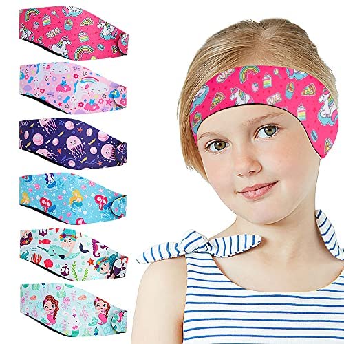 6 Pcs Swimming Headbands for Kids, Adjustable Swimming Ear Protection Bands Cute Cartoon Waterproof Swim Headbands for Swimmers Age 1-5, Head Circumference 17.30-19.20 Inch
