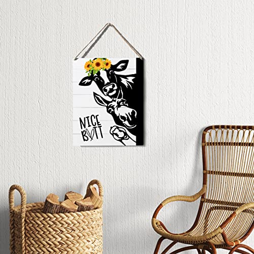 Rustic Wooden Bathroom Sign Decor - 10x8 Cow & Sunflower Art