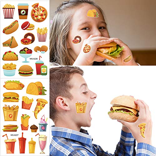 Konsait Fast Food Temporary Tattoos for Kids, 10 Sheets Waterproof Fake Tattoo Stickers for Birthday Party Favors