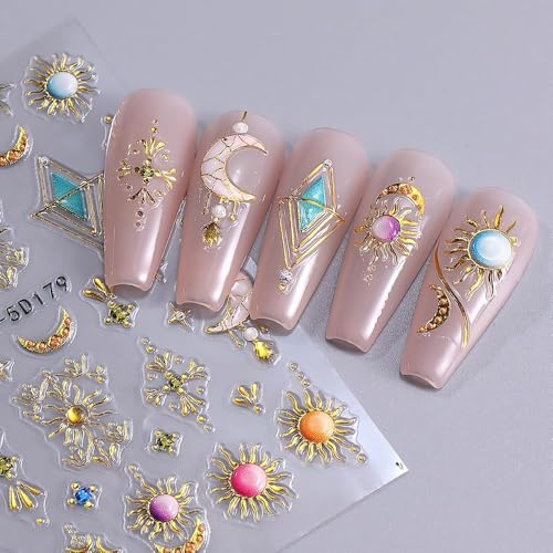 5D Embossed Sun Moon Nail Art Stickers Bohemian Metallic Gold Decals