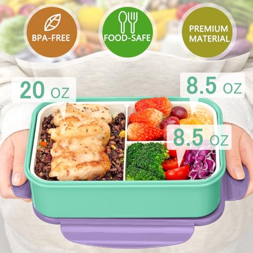 LOVINA 3-Compartment Bento Box - 1100ml Leakproof Lunch Container, Purple Green