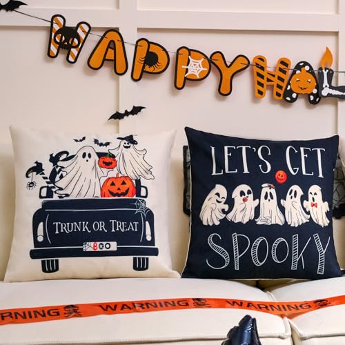 Black Halloween Ghost Throw Pillow Covers Set of 4 18x18” - Spooky Gothic Linen Decor