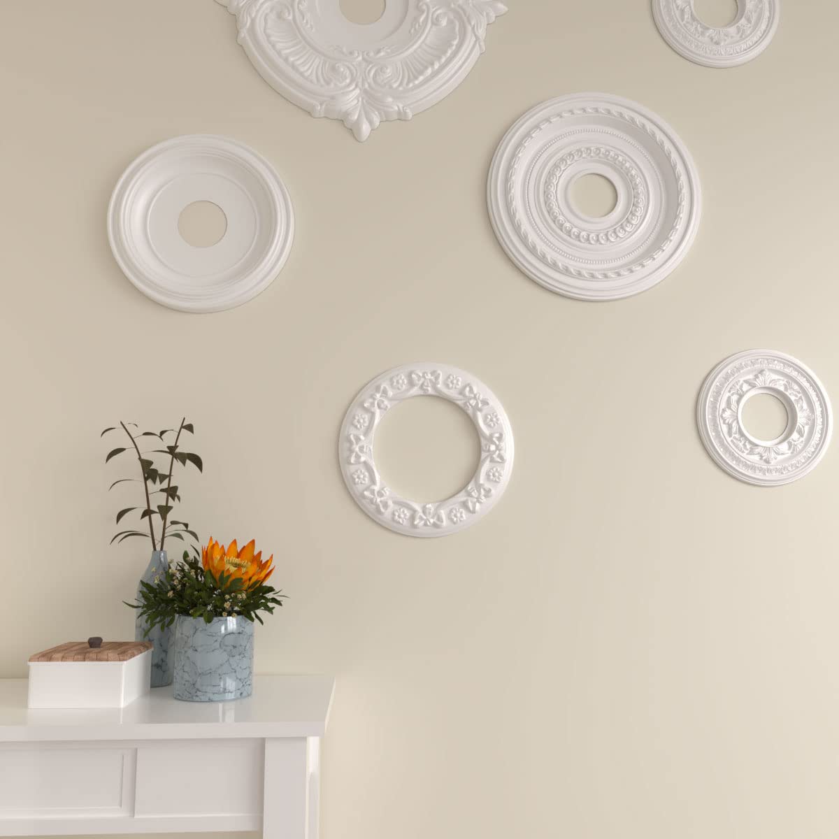 Ekena Millwork CM12RI Ribbon with Bow Ceiling Medallion, 12 1/4"OD x 7 1/2"ID x 7/8"P, Primed