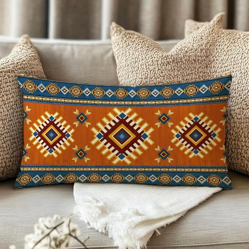 Southwest Native American Lumbar Pillow Cover, Blue Brown Geometric 12x20