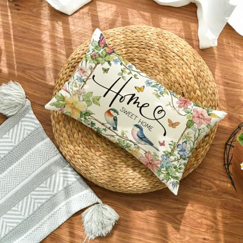 AVOIN colorlife Home Sweet Home Birds Floral Throw Pillow Cover - 12x20