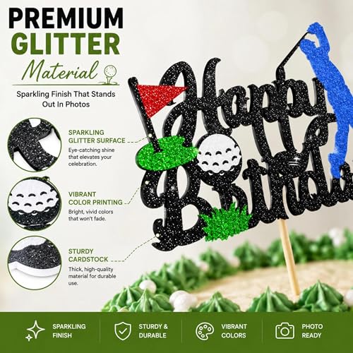 Golf-Themed Happy Birthday Cake Topper with Glitter Cardstock
