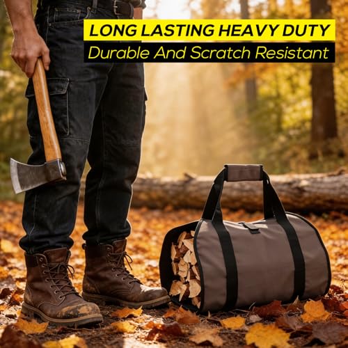 FLASLD Heavy Duty Waxed Canvas Firewood Carrier - Large Log Tote (Brown)