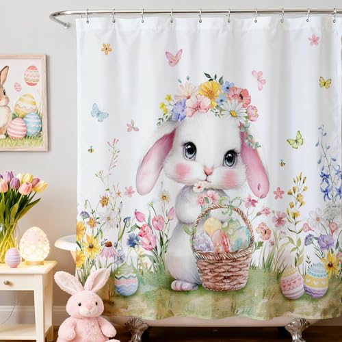 Mocsicka Easter Shower Curtain 71x71 Inch Bunny Eggs Bathroom Decor with 12 Hooks