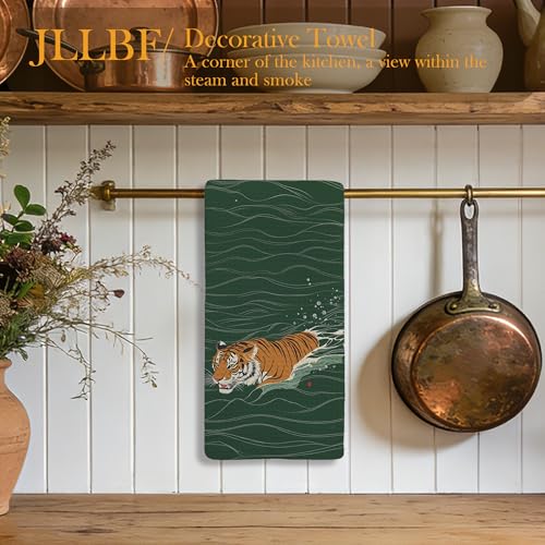 JLLBF Tiger Kitchen Hand Towels - Vintage Japanese Tiger Design, 16x24 Inch, Tiger Lovers Gift, Dark Green, Tiger Variation