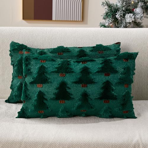 Allorry Christmas Pillow Covers 12x20 inch Set of 2 - Green Plush Decoration