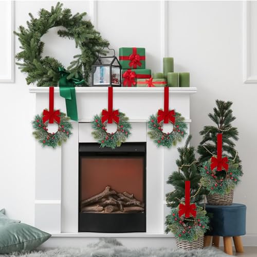 Christmas Mini Wreath for Cabinets - Green Norfolk Frosted Pine with Ribbon Bows & Red Berries, 9 Inch