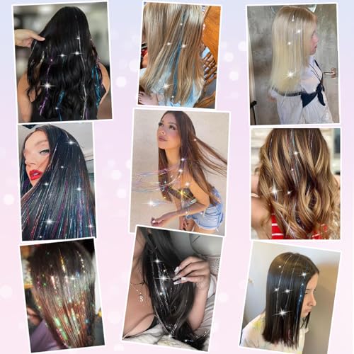 Nielp 18 Pcs Clip-In Hair Tinsel Extensions 20.5 Inch Rainbow Glitter Fairy Hair