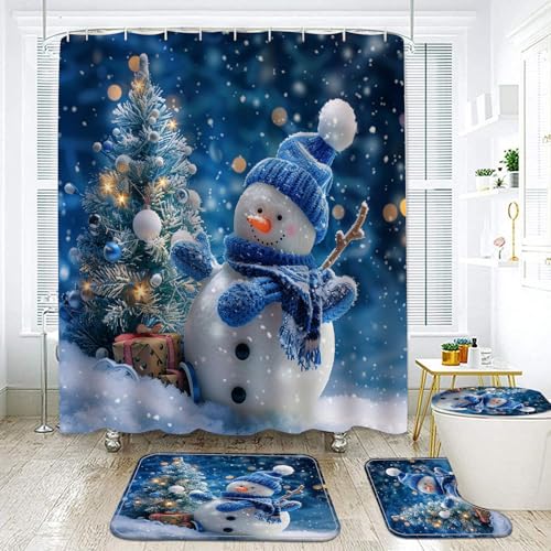 Blue Christmas Shower Curtain Set with Snowman Santa Holiday Bath Rugs & Hooks