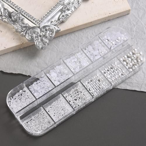 SUTOKAKA White Round & Half Round Nail Pearls 3D Flatback Charms