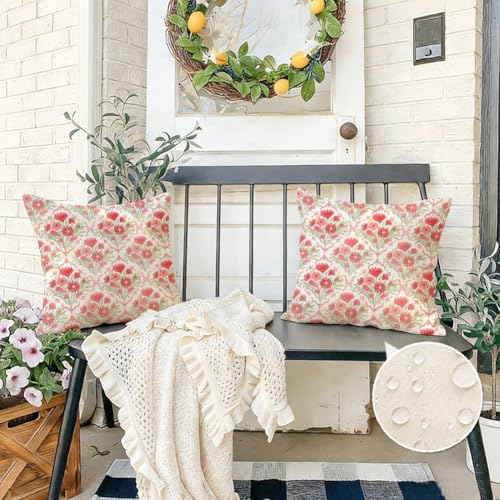 RABUSOFA Waterproof Outdoor Pillow Covers 18x18 Set of 2 - Spring Flower Decor, Red