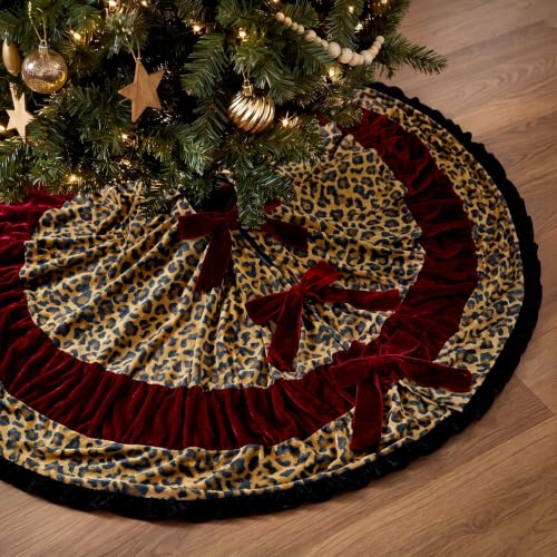 Leopard Print Christmas Tree Skirt 40 Inch Burgundy Velvet Holiday Decor