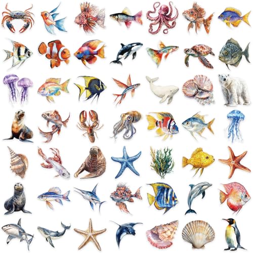 50 Pcs Marine Life Stickers Waterproof Sea Animal Decals for Water Bottles