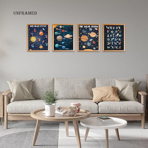 BearCake Solar System Alphabet Poster Prints - 12x16 Inch Set of 4 for Kids' Room