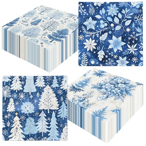 Blue Winter Christmas Napkins 40pcs - Reindeer & Tree Holiday Party Supplies