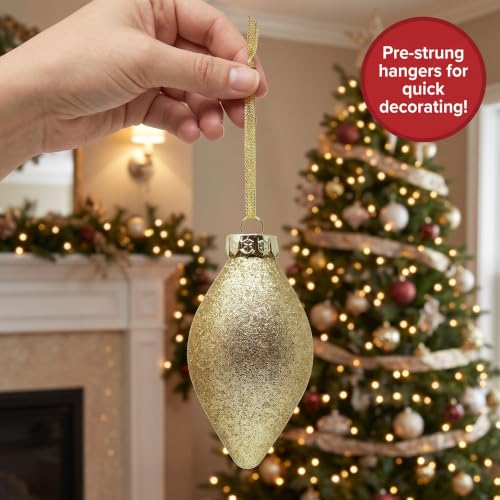 Champagne Gold Teardrop Christmas Ornaments Set - 4 Inch Finials, 12 Pieces