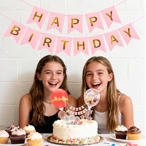13-Piece Pink Happy Birthday Cake Topper Set with Stars and Balloons