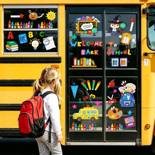 Back to School Window Clings - Owl, School Bus & Crayon Decor